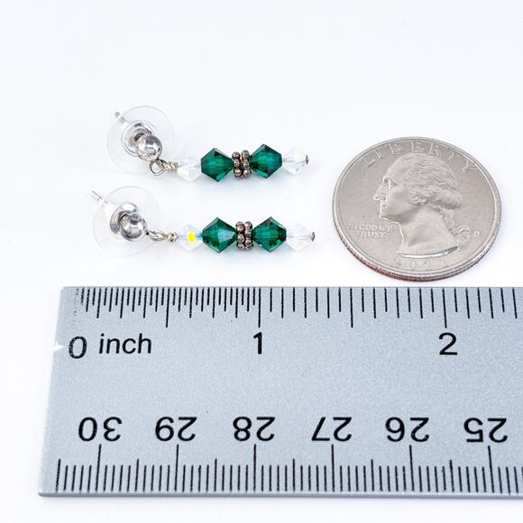 Vintage Sterling Silver 925 Green and Clear Crystal Dangle Earrings - Picture 5 of 5